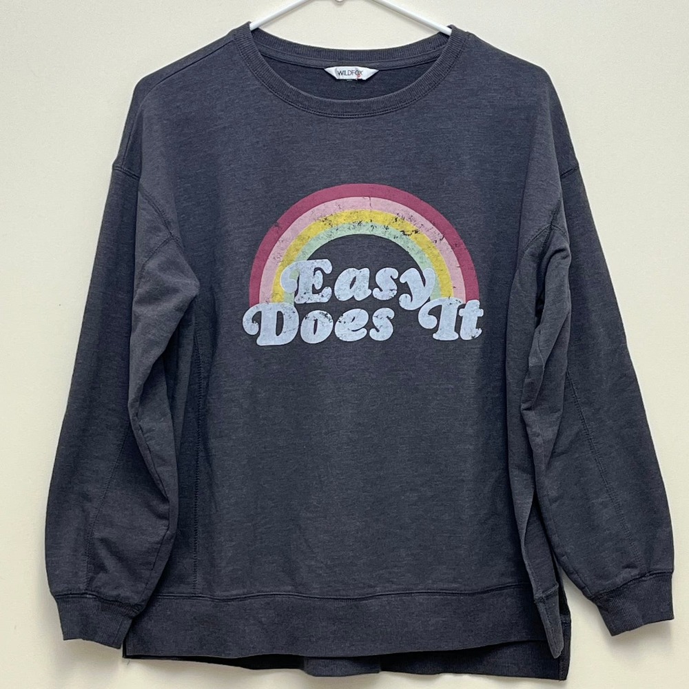 Wildfox Easy Does It Statement Sweatshirt Gray and Rainbow Top Split Side